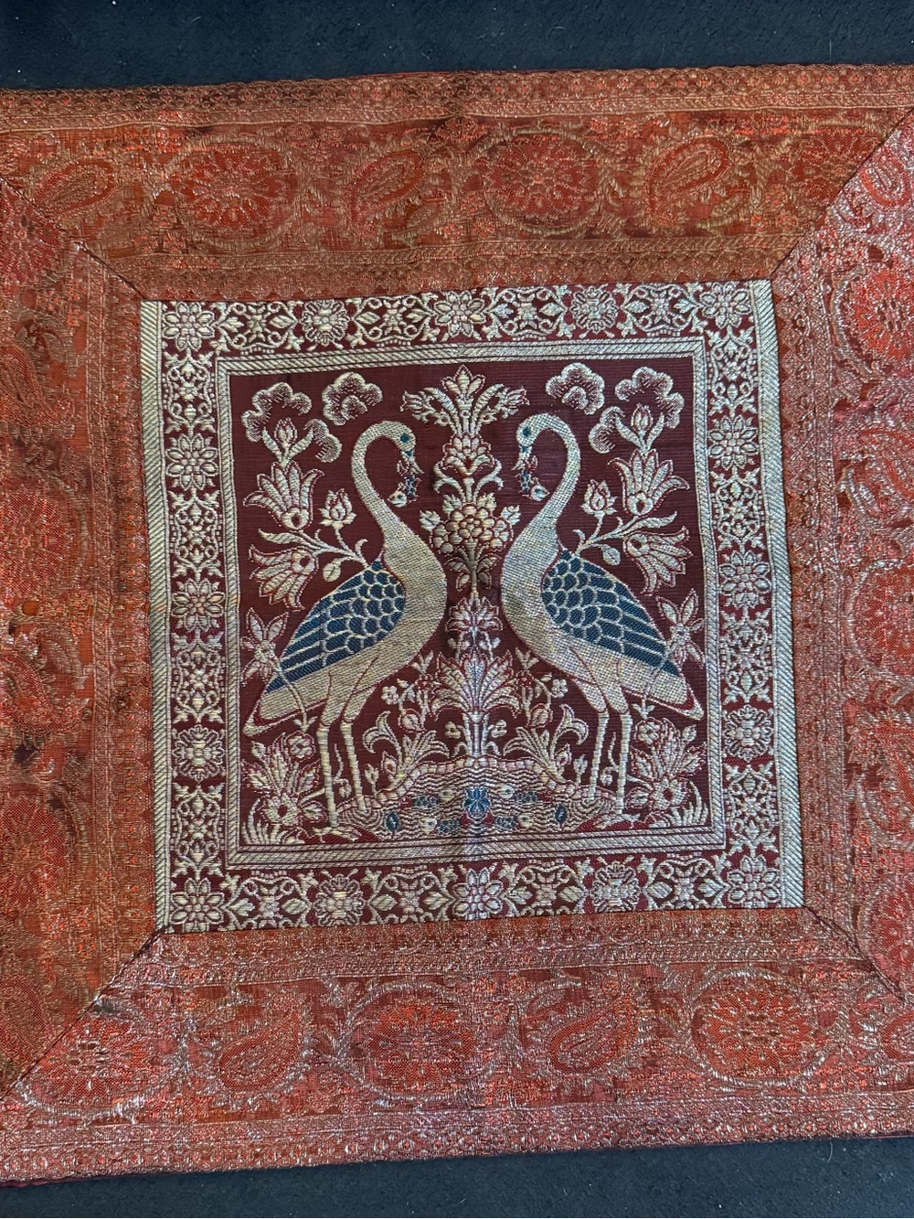 Embroidered Peacock Wall Hanging Pillow Cover in Red and Gold